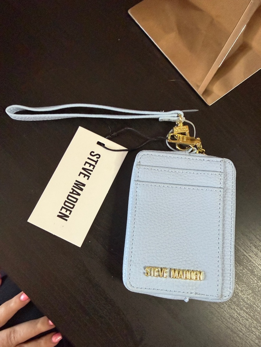 Steve Madden Pale Blue Pebbled Leather Card Case with Gold Logo - Picture 2 of 5
